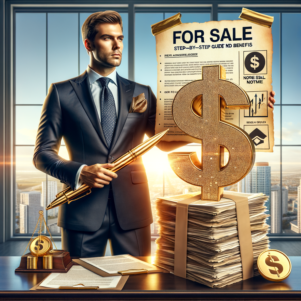 Confident businessman in office with dollar sign and money stacks representing selling a real estate note successfully.