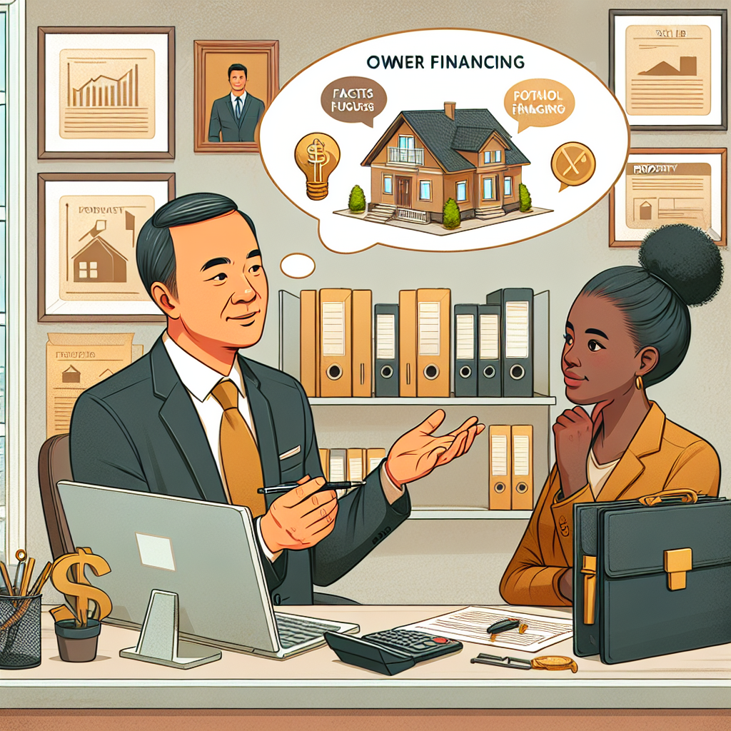 Real estate agent explaining owner financing options to a client in a bright office.
