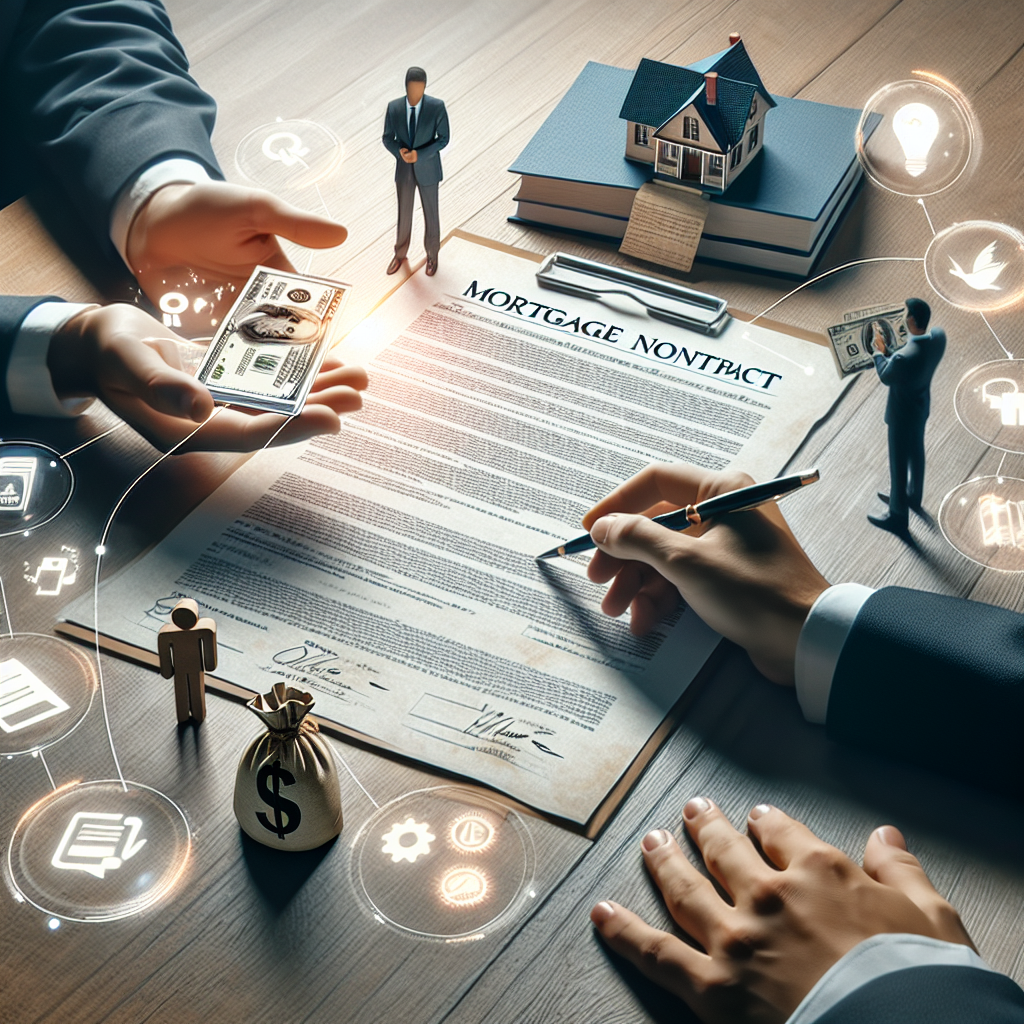 Person signing a mortgage contract with icons of house, dollar signs, and approval checkmarks around.
