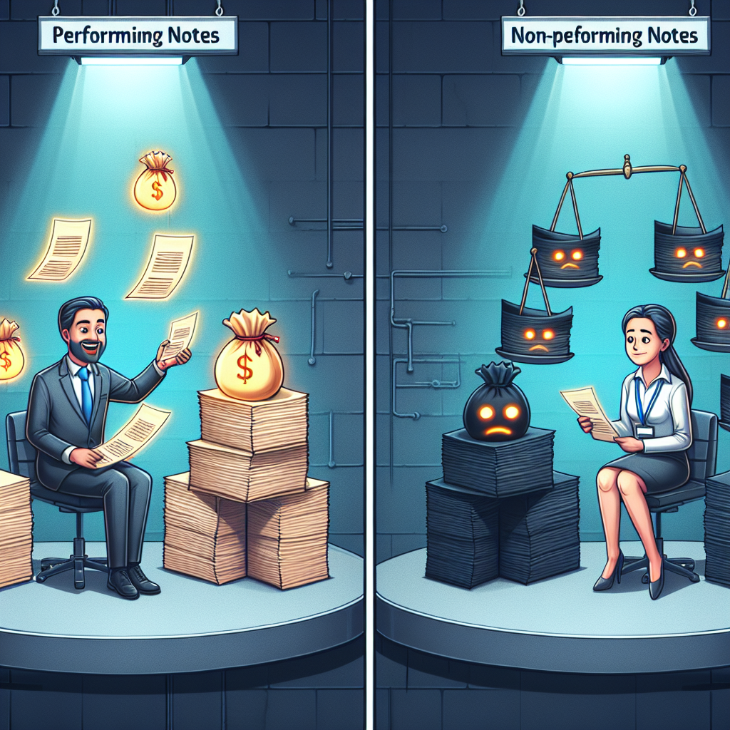 Illustration showing performing notes generating money while non-performing notes cause financial loss.