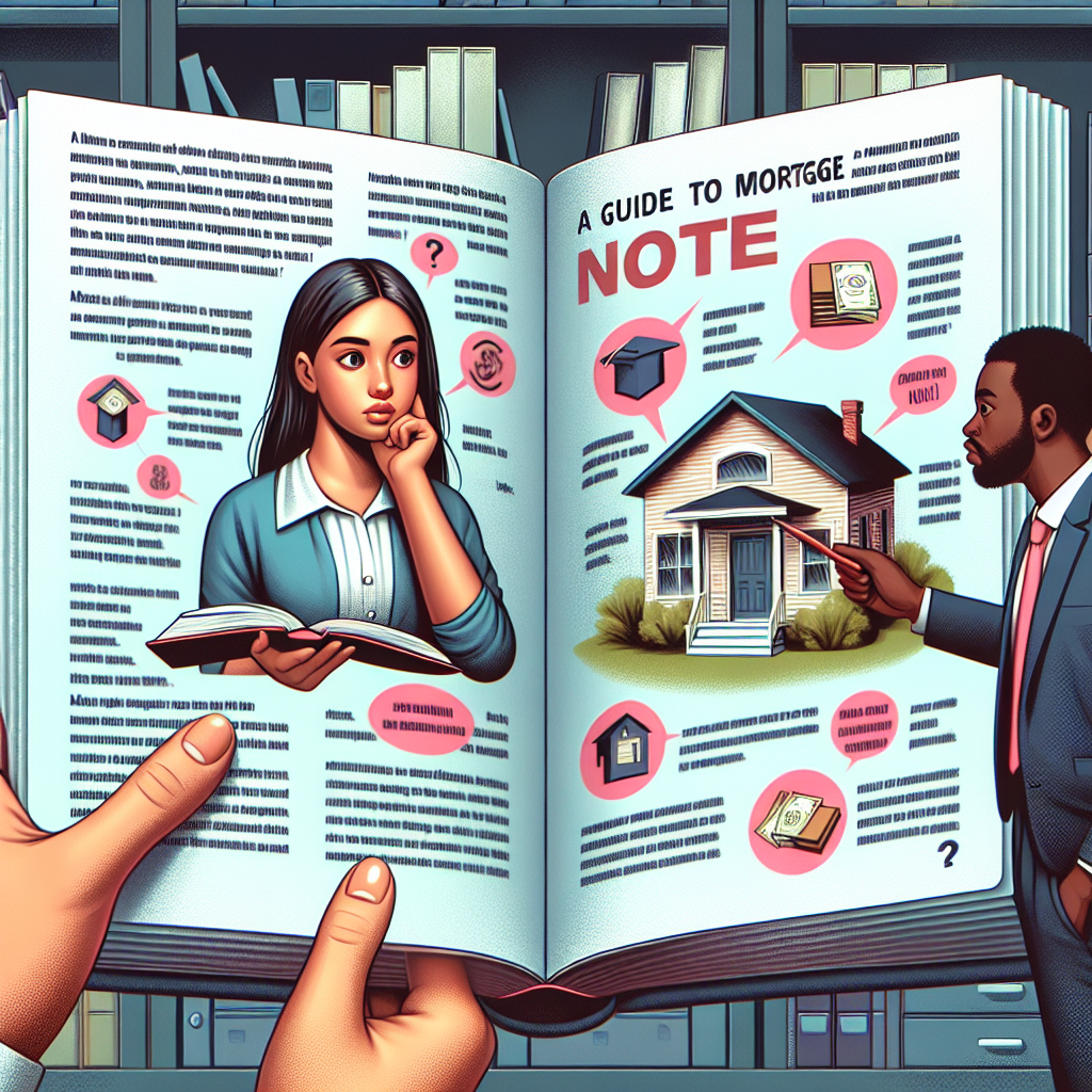 Illustration of a woman reading a mortgage guidebook while a man presents a house model, explaining mortgage notes.