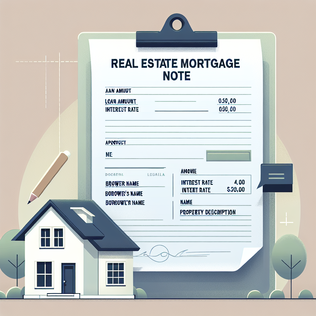 Illustration of a house model and pen on a clipboard with a real estate mortgage note.